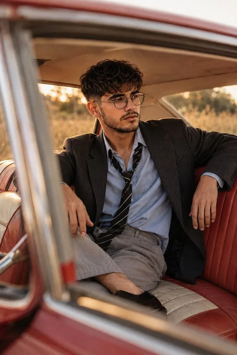 پرتره سینمایی مرد جوان در خودروی کلاسیک