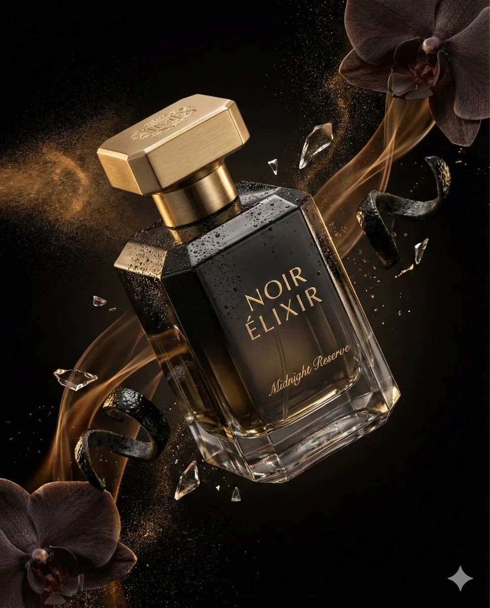 پرامپت تبلیغاتی عطر لوکس با بطری یاقوتی