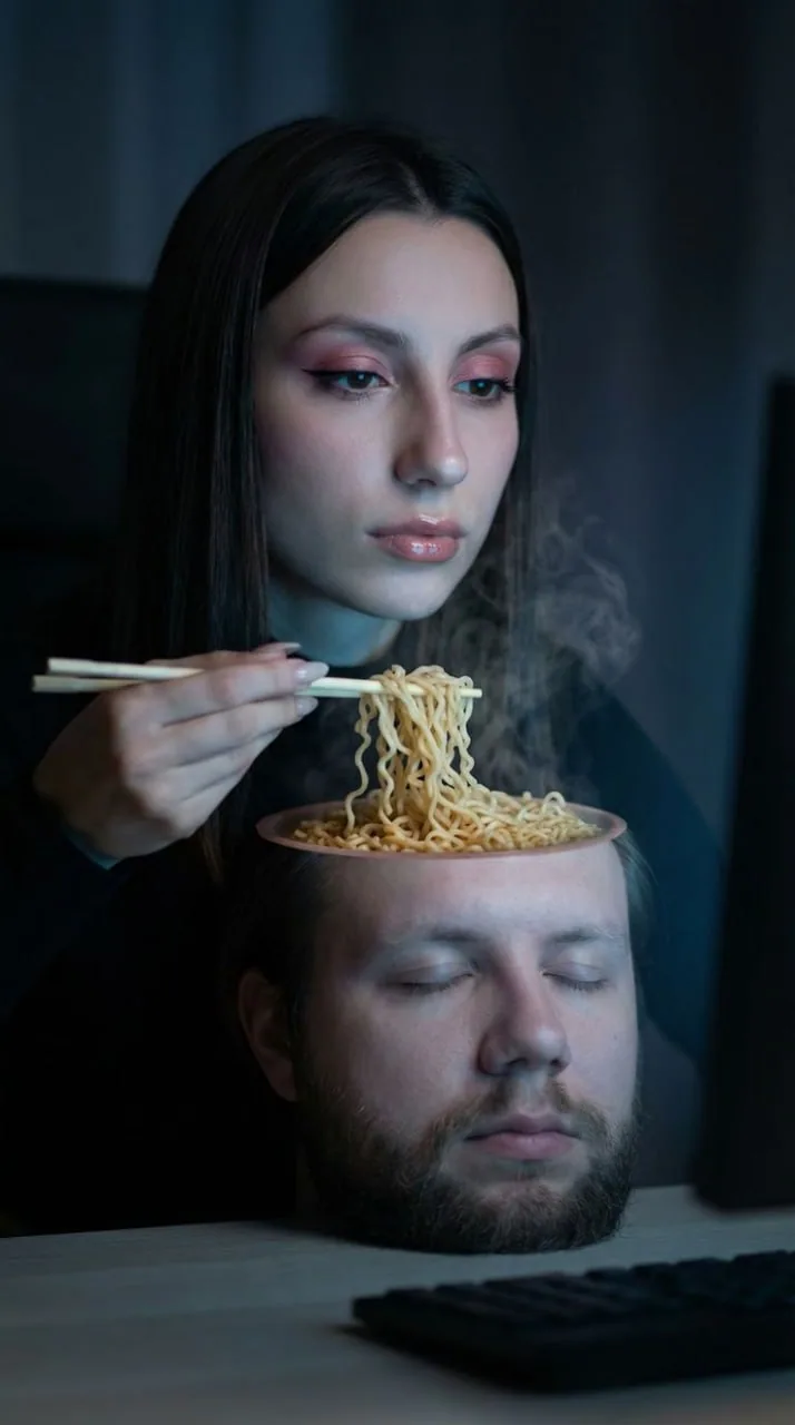 پرتره سورئال زن در حال خوردن نودل از سر مرد