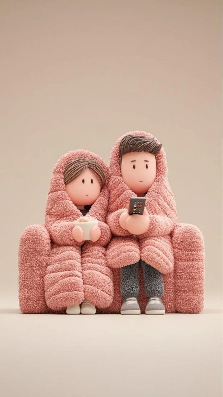 پرامپت تصویر سه بعدی زوج در پتو روی مبل