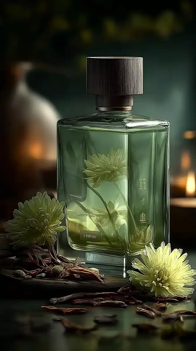تصویر تبلیغاتی عطر سبز با گل های طبیعی