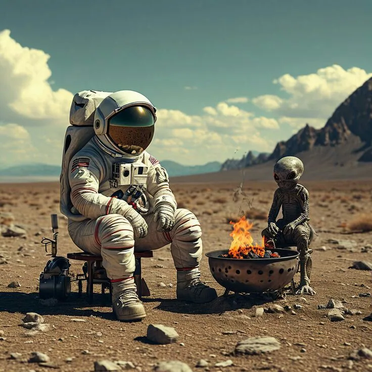 پرامپت تصویر فضانورد و موجود بیگانه کنار آتش